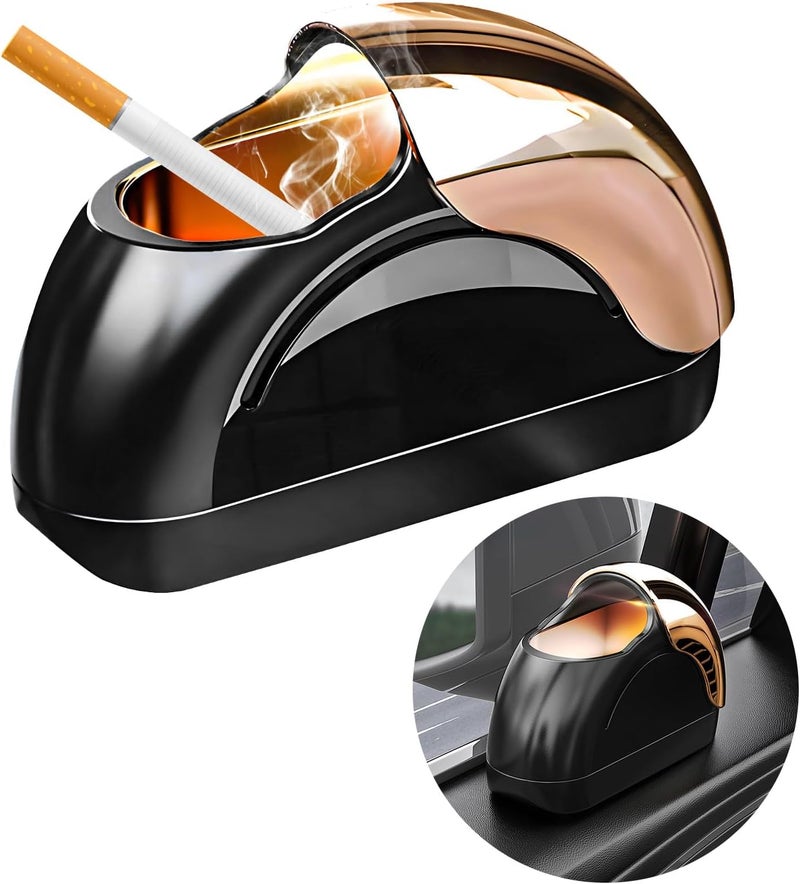 Wevdn Car Ashtray with Lid, Portable Smokeless Automotive Ashtray with LED Light, Windproof, Modern Style, Black & Golden - Image 1